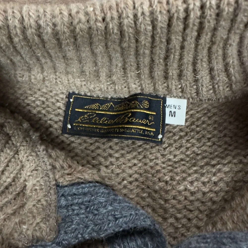 Eddie Bauer Vintage Merino Wool Henley Sweater Mens Medium Brown Mock‎ Neck 1166